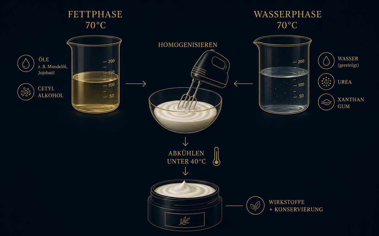 Abbildung: Herstellung einer O/W-Emulsion – Fettphase und Wasserphase bei 70 °C, Homogenisieren, Abkühlen unter 40 °C und Zugabe von Wirkstoffen und Konservierung.