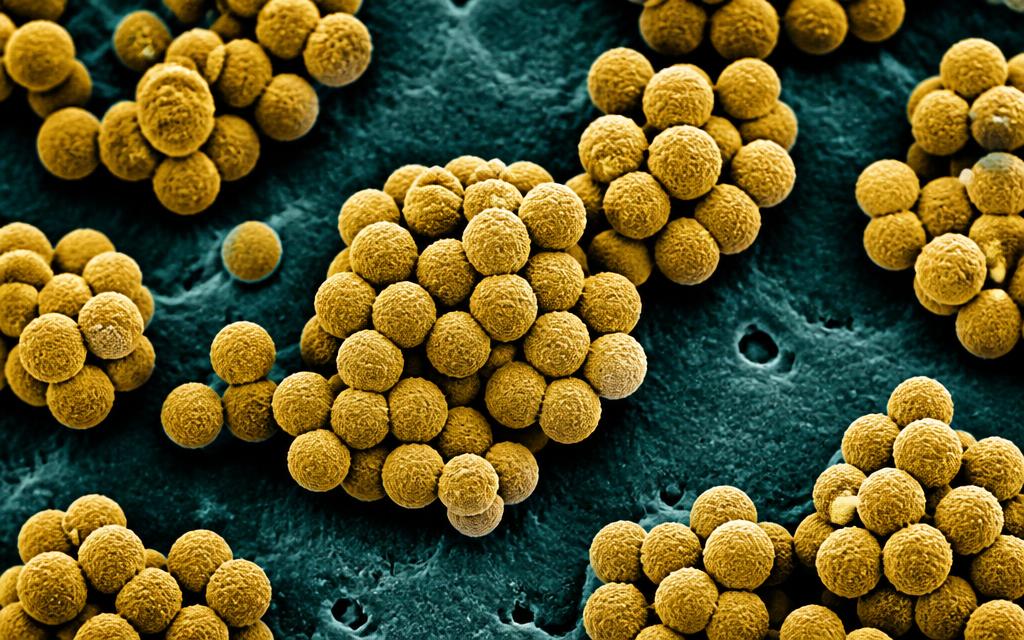 Bakterien: Staphylococcus aureus – traubenförmige Kokken in rasterelektronenmikroskopischer Darstellung (Falschfarben).