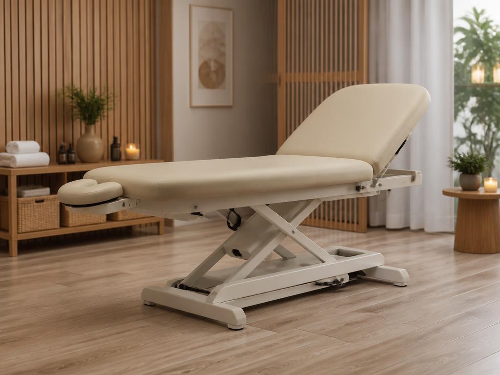 Massageliege mit elektrisch regulierbarer Höhe und verstellbarem Rückenteil — flach ausgezogen dient sie auch für Massagen.