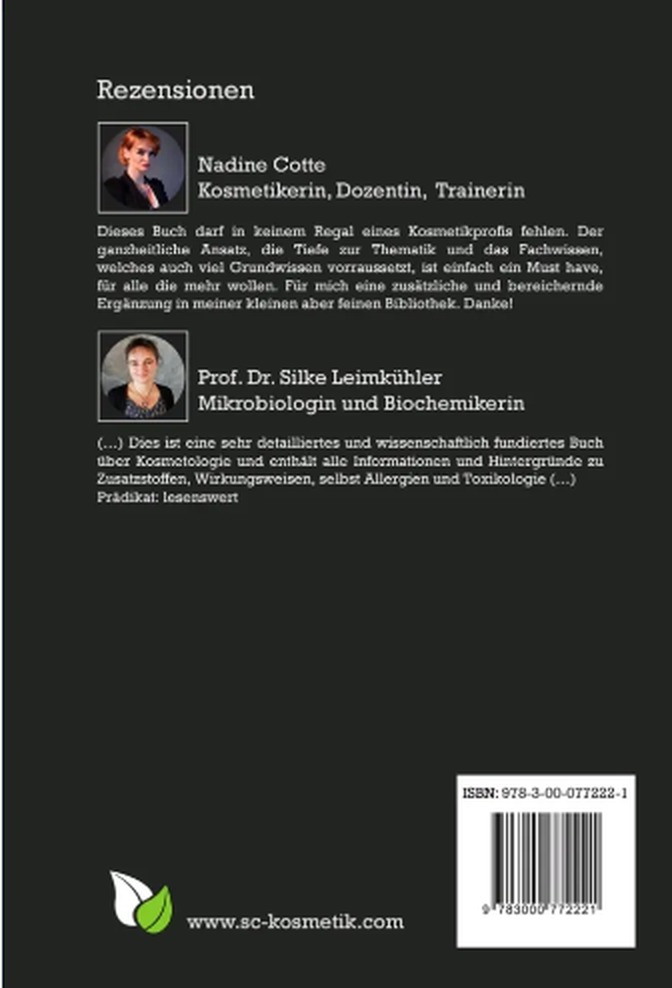 Rückseite des Buchcovers Science & Cosmetics mit Rezensionen von Nadine Cotte und Prof. Dr. Silke Leimkühler