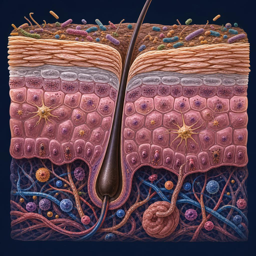 Schemat der Epidermisschichten und des Hautmikrobioms